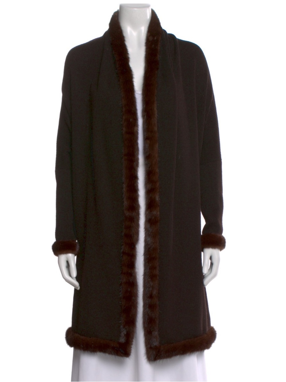 ZANG TOI Open Front Fur Trim Long Line Cropped Back Wool Silk Cardigan Event O/S